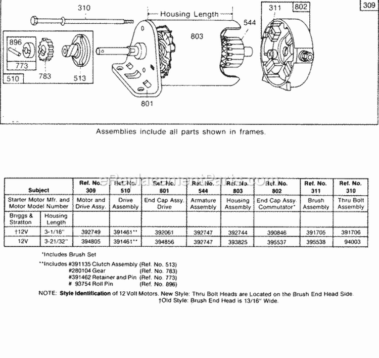 Electric Starter Chart Diagram and Parts List for 195431-0210-04  Briggs and Stratton Engine